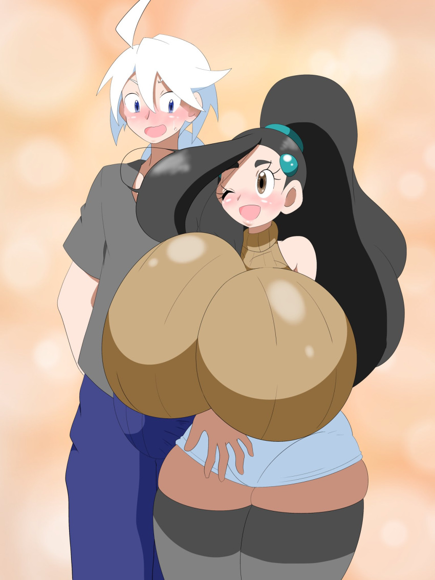 1boy 1girls ahoge alternate_breast_size alternate_hairstyle big_breasts black_hair blue_eyes blush breasts brown_eyes candice_(pokemon) couple embarrassed erection erection_under_clothes eyelashes female huge_breasts human human_only long_hair male nervous nintendo nuruudon open_mouth pale-skinned_female pale_skin pokemon pokemon_dppt ponytail short_hair smile standing sweat thick_thighs thighhighs turtleneck voluptuous white_hair wide_hips wink