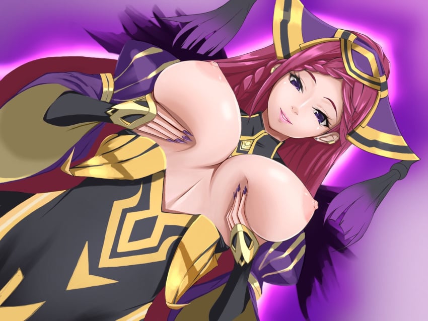 1girls braid breast_grab breast_hold breasts breasts_out commentary_request double_breast_grab earrings fingernails fire_emblem fire_emblem_heroes from_below grabbing_own_breast hat highres jewelry kogamon large_breasts lipstick loki_(fire_emblem) long_fingernails long_hair long_nails looking_at_viewer looking_down makeup nail_polish nintendo nipples purple_eyes purple_hair purple_nails self_fondle simple_background single_braid smile solo underboob