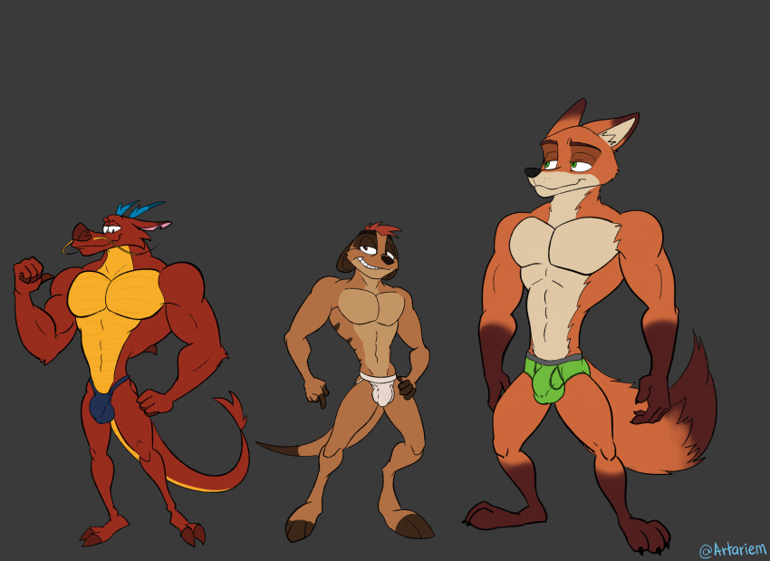 abs anthro artariem asian_mythology balls_outline biceps briefs bulge canid canine clothed clothing detailed_bulge disney dragon east_asian_mythology eastern_dragon fox genital_outline group herpestid hi_res jockstrap male male_only mammal meerkat mulan muscular muscular_male mushu mythology nick_wilde pecs penis_outline the_lion_king thong timon topless underwear zootopia