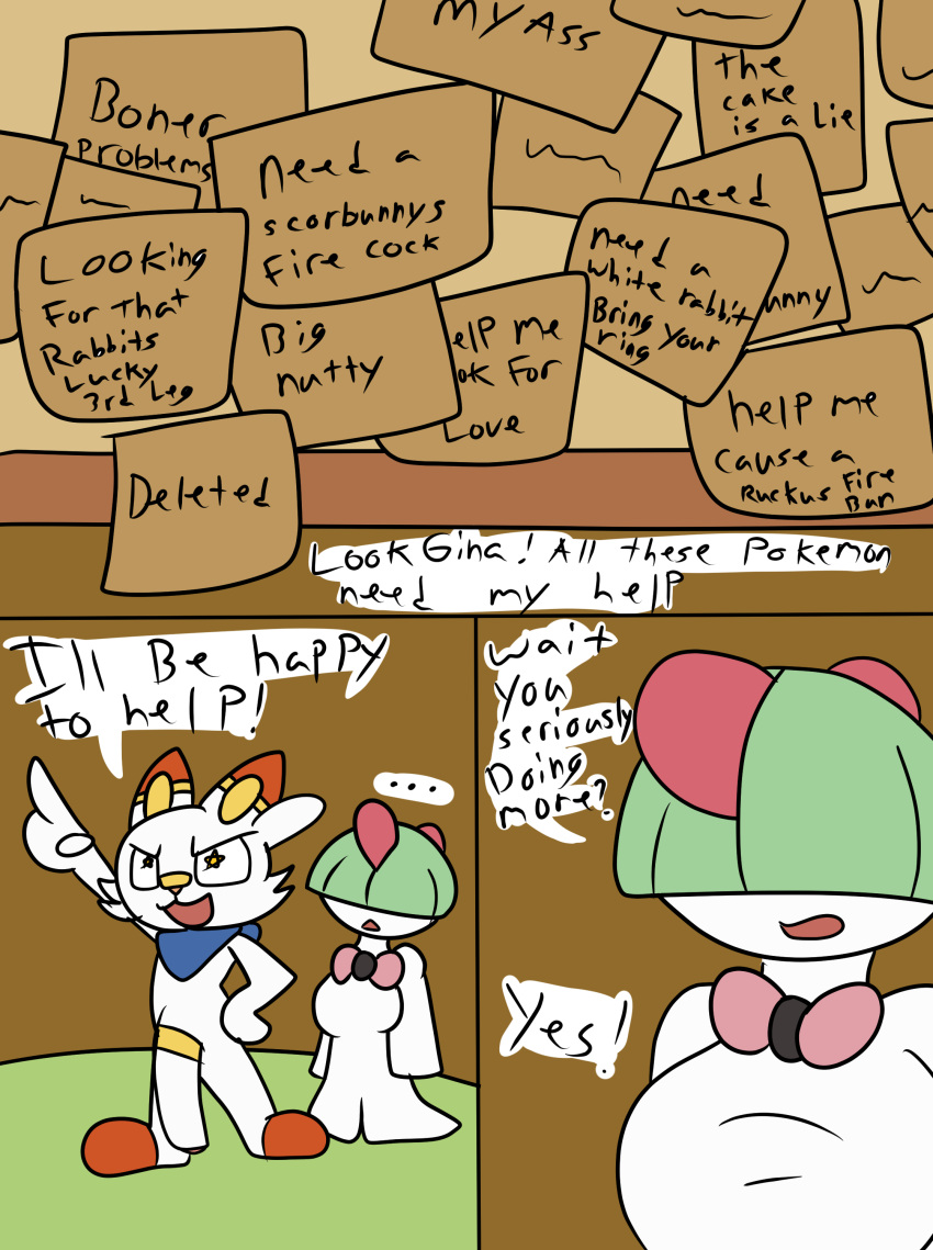 absurd_res accessory anthro big_penis cock_ring comic dezmine21 english_text female genitals gina_(dezmine21) green_hair hair hi_res jewelry nintendo nude penis penis_accessory penis_jewelry pokémon_(species) pokemon ralts scorbunny text tonic_(dezmine21) video_games