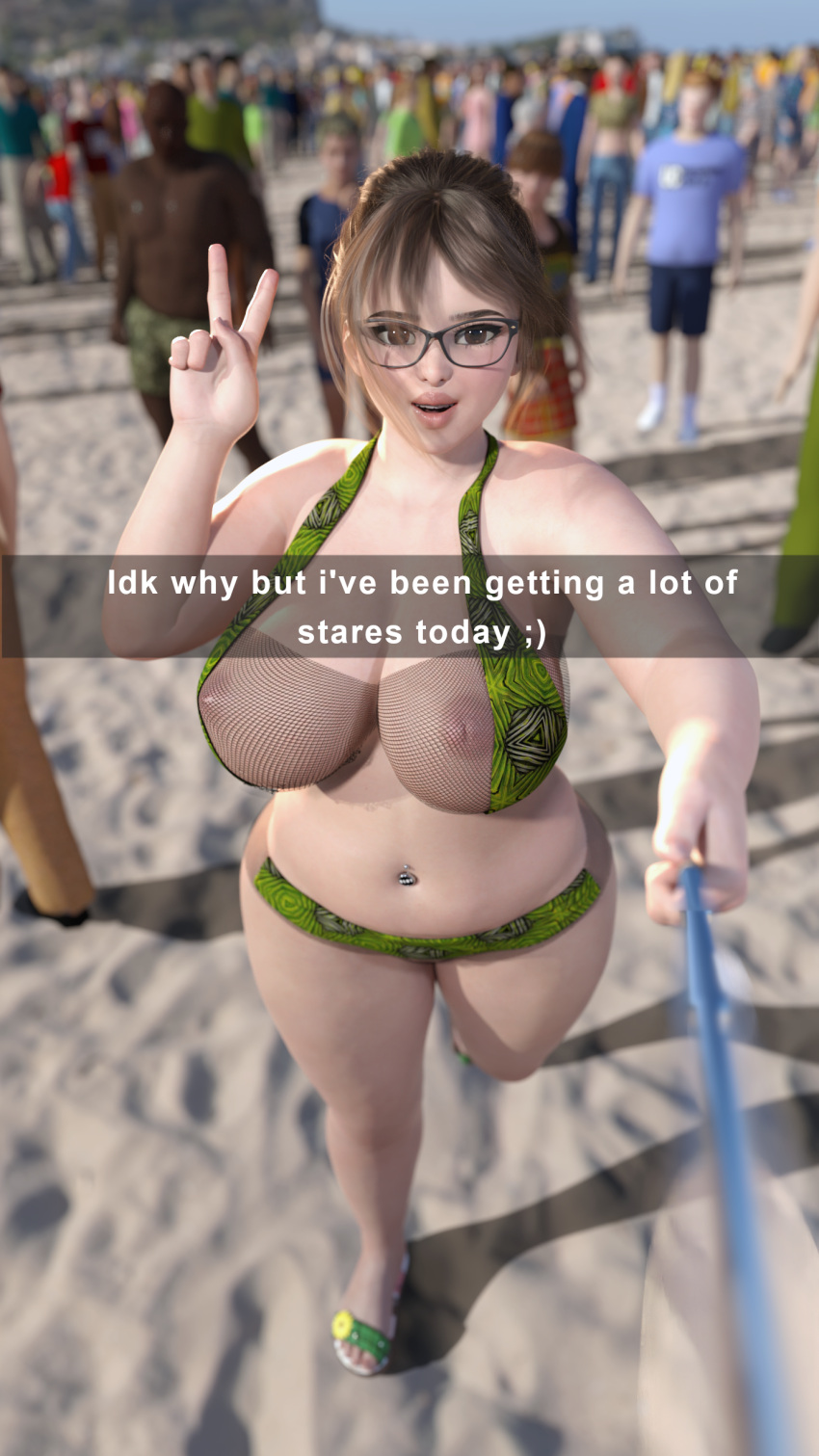 3d areolae beach big_ass big_breasts brown_eyes brown_hair eyewear fat glasses inverted_nipples mei_(overwatch) mry open_toe_shoes overwatch overweight partially_clothed pink_nipples public see-through selfie snapchat swimsuit