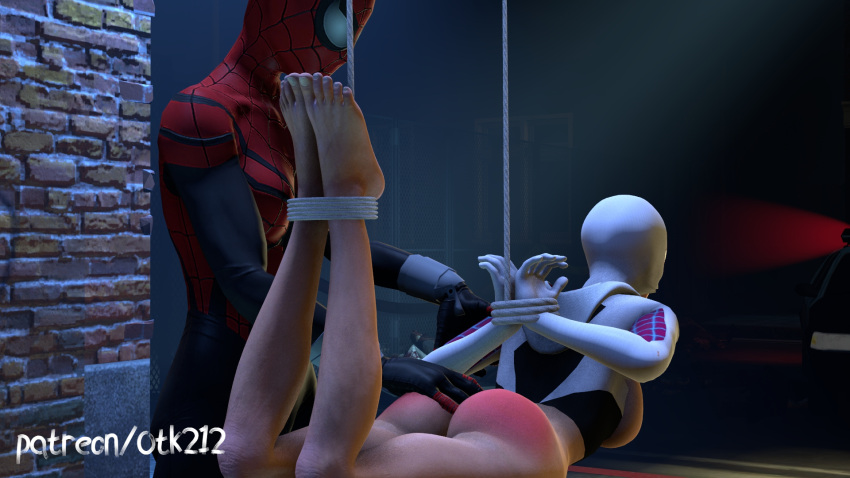 2girls 3d bondage female female_only gwen_stacy human human_only light-skinned_female light_skin marvel marvel_comics otk212 self_upload spanking spider-girl spider-gwen spider-man_(series) superheroine suspension suspension_bondage yuri