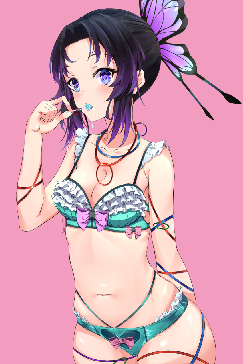 black_hair blush bra butterfly_hair_ornament cleavage cqingwei demon_slayer female female_only frills kimetsu_no_yaiba kochou_shinobu lingerie lollipop looking_at_viewer necklace panties pink_background purple_eyes small_breasts solo thick_thighs two_tone_hair wide_hips