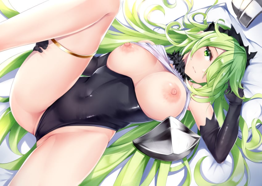 absurdres areolae arm_up ass bangs bed_sheet black_gloves black_leotard breasts cleavage closed_mouth commentary_request covered_nipples del_(riftdevils) elbow_gloves female gloves grabbing_own_thigh green_eyes green_hair hair_ornament hair_over_eyes headwear_removed highres irohasu large_breasts leotard long_hair looking_at_viewer lying nipples on_back original sidelocks solo thighs two-tone_leotard very_long_hair white_leotard