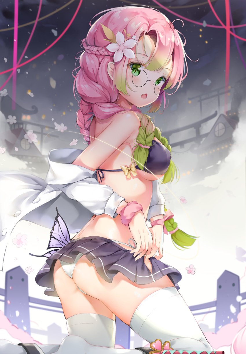 bikini_top black_bikini_top blush braided_hair butterfly chintora0201 demon_slayer detailed_background female female_only flower_in_hair glasses green_eyes kanroji_mitsuri kimetsu_no_yaiba kneeling looking_at_viewer looking_back miniskirt mole_under_eye panties pink_hair skirt solo thighhighs two_tone_hair underboob upskirt white_legwear white_panties white_thighhighs