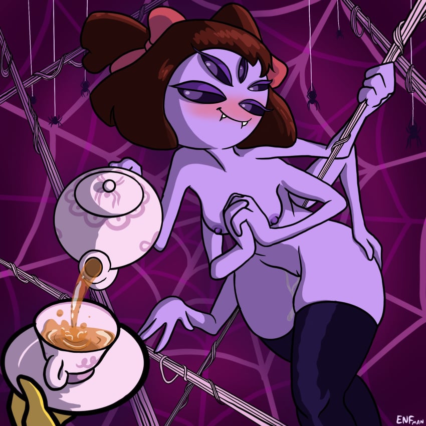 2d 5_eyes 6_arms anthro arachnid black_legwear black_stockings black_thighhighs breasts color completely_nude completely_nude_female cup fangs female muffet nipples nude nude_female pouring_tea purple_body purple_skin pussy spider spider_girl stockings_only teapot theenfman thighhighs thighs uncensored undertale undertale_(series) unknown_character