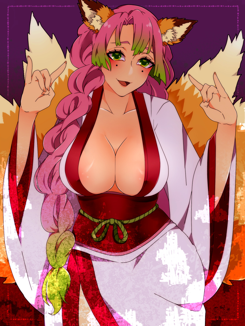 alternate_version_available animal_ears areola_slip big_breasts blush braided_hair cleavage d0r0richi demon_slayer female female_only feron_(artist) fox_ears fox_girl fox_tail green_eyes kanroji_mitsuri kimetsu_no_yaiba kimono kitsune long_hair looking_at_viewer mole_under_eye obi pink_hair solo two_tone_hair very_long_hair wide_hips