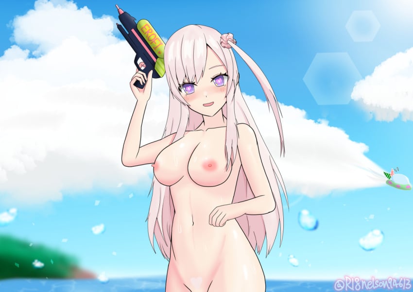 airani_iofifteen heart-shaped_pupils hololive hololive_indonesia hololive_indonesia_area_15 pink_hair virtual_youtuber water_gun