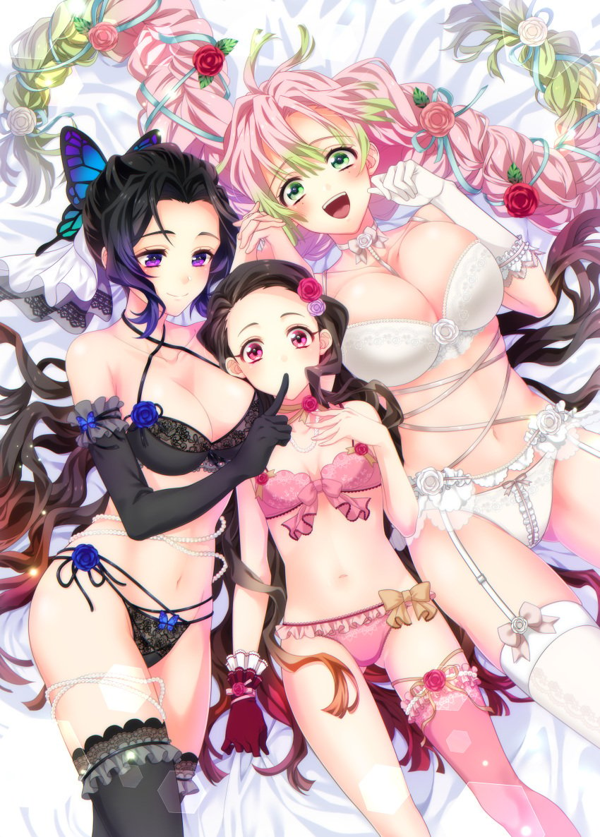 3girls aburi_rare big_breasts black_bra black_gloves black_hair black_panties blush bra braided_hair breast_size_difference butterfly_hair_ornament choker cleavage demon_slayer female female_only femdom flower_in_hair frilled_legwear frilled_panties frills garter_belt garter_straps gloves gradient_hair green_eyes hair_ribbon holding_hands interlocked_fingers kamado_nezuko kanroji_mitsuri kimetsu_no_yaiba kochou_shinobu lace-trimmed_bra lace-trimmed_panties lace-trimmed_thighhighs lingerie long_gloves looking_at_viewer medium_breasts necklace on_back on_bed open_mouth panties pearl_necklace pearls pink_bra pink_eyes pink_hair pink_panties purple_eyes rose_(flower) single_thighhigh small_breasts smile thighhighs two_tone_hair very_long_hair wedding_lingerie white_bra white_gloves white_legwear white_panties zettai_ryouiki