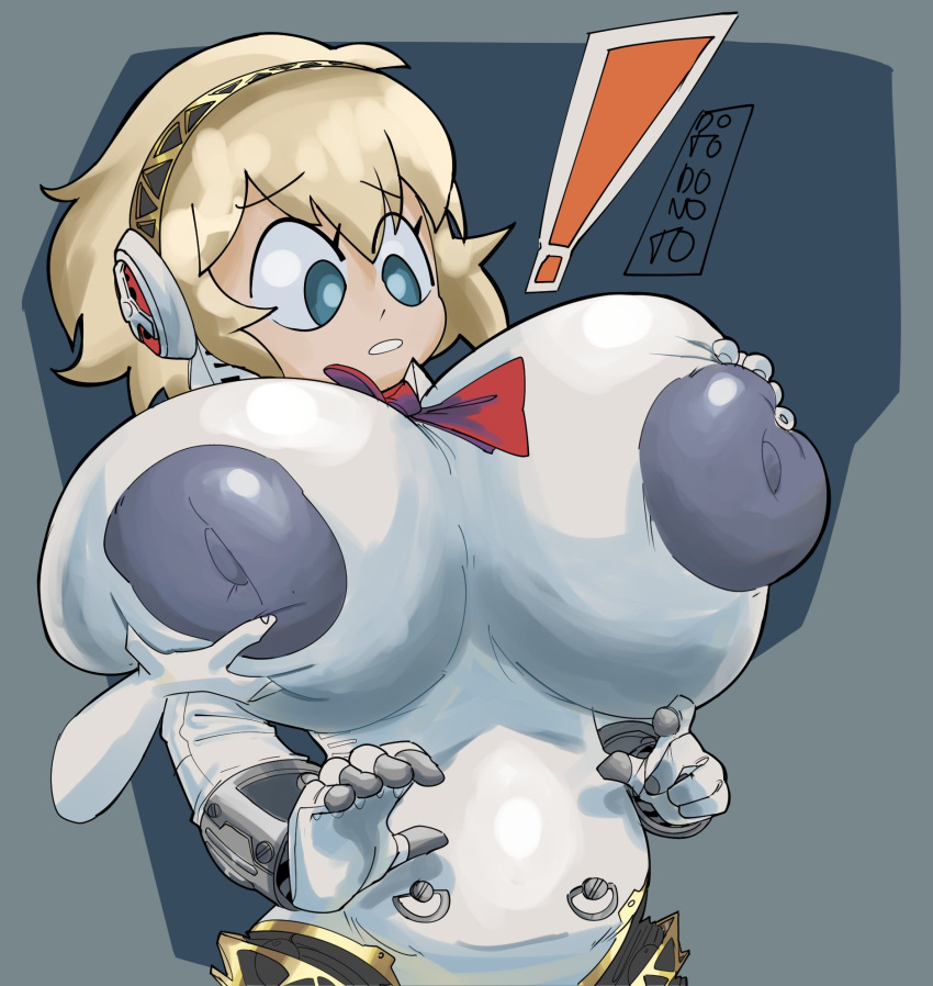 ! 2021 aegis_(persona) aigis_(persona) alternate_breast_size android atlus blonde_hair blue_eyes dotodonoto exclamation_point female grope groping groping_breasts huge_breasts light-skinned_female light_skin nipples persona persona_3 robot robot_girl robot_humanoid shin_megami_tensei