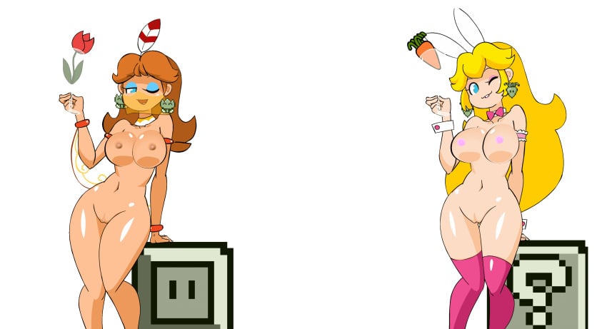 2girls animated big_breasts blonde_hair blue_eyes bouncing_breasts bowtie breasts brown_hair bunny_ears carrot carrot_(mario) cleavage earrings eyeshadow female female_only fire_flower human human_only large_breasts long_hair makeup mario_(series) minus8 multiple_girls navel nintendo nipples one_eye_closed princess_daisy princess_peach pussy shiny shiny_skin standing super_mario_bros. super_mario_land super_mario_land_2 tagme thighs underboob very_long_hair wink