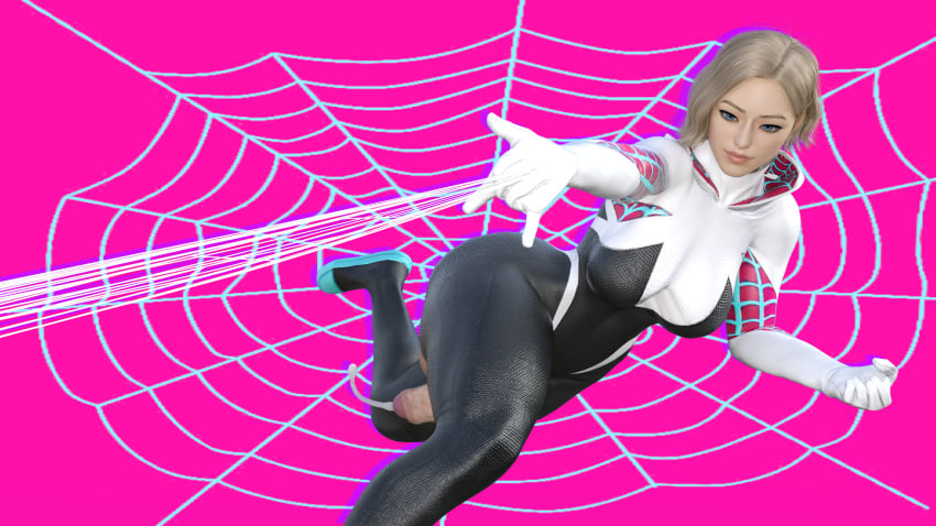 1futa 3d blonde_hair cum cumming futa_only futanari gwen_stacy gwen_stacy_(spider-verse) kazkazuma marvel marvel_comics short_hair solo solo_futa spider-gwen spider-man_(series) spider_web spiderweb spiderweb_pattern