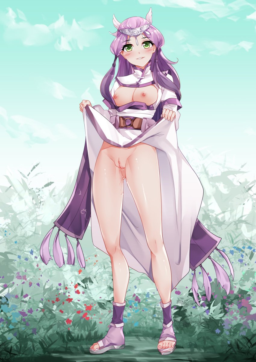 bare_legs battle_through_the_heavens belt breasts female forehead_protector lifting_skirt long_hair no_bra no_panties purple_hair pussy shoes smile standing xiao_yi_xian