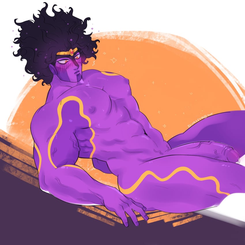 1male big_penis blush jojo's_bizarre_adventure muscular naked precum purple_skin sitting solo_male stand_(jjba) star_platinum stardust_crusaders veins