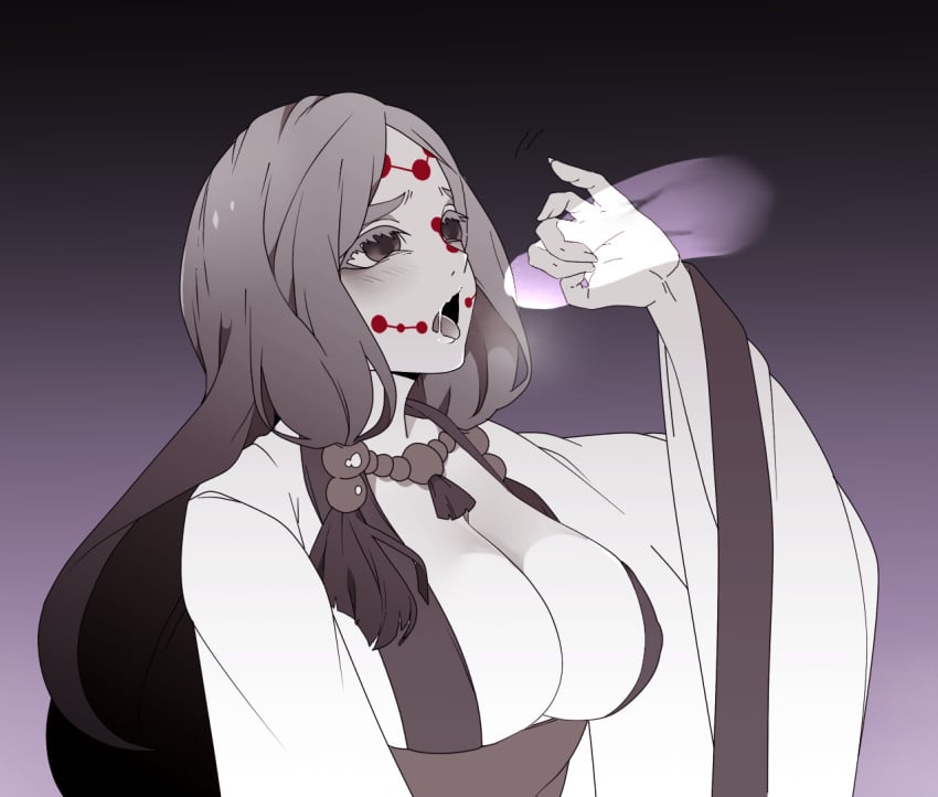 big_breasts blush cleavage d0r0richi demon_slayer facial_markings female female_focus holding_penis imminent_oral kimetsu_no_yaiba kimono long_hair monochrome mother_spider_demon open_mouth oral restricted_palette sexually_suggestive solo_focus upper_body