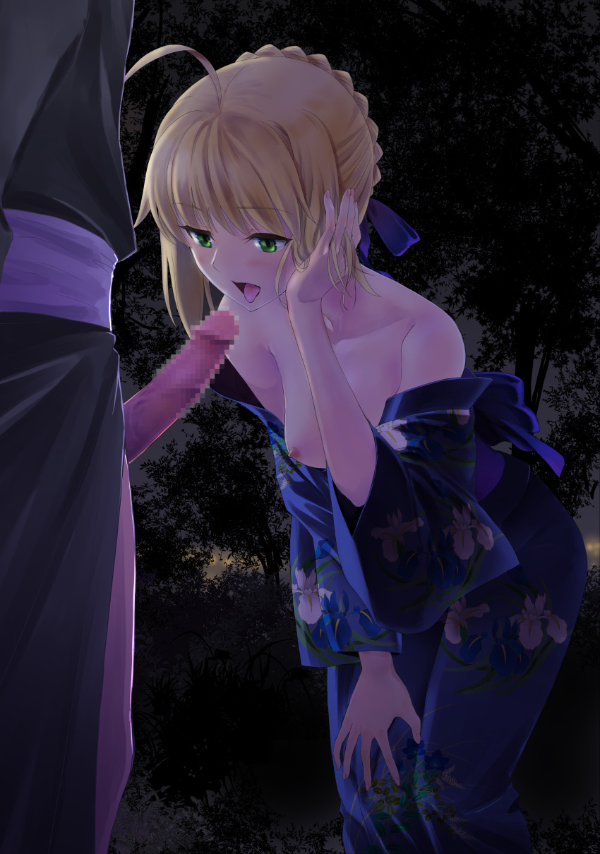 1boy absurdres antenna_hair artoria_pendragon artoria_pendragon_(all) blonde_hair breasts censored fate/stay_night fate_(series) fellatio female green_eyes highres japanese_clothes kimono mosaic_censoring open_mouth oral saber shirotsumekusa