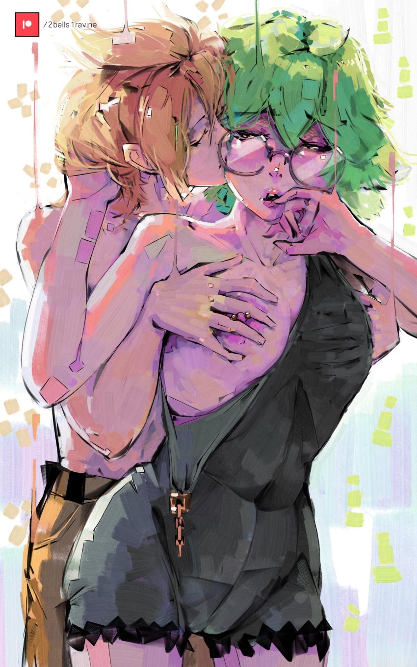 1boy 1boy1girl 1girls 2bells1ravine albedo_(genshin_impact) big_breasts blonde_hair blush breast_grab breasts exposed_breasts fanon_couple female fondling genshin_impact glasses green_hair groping hand_in_hair hand_on_breast kiss_on_cheek kissing_cheek male male/female nipple_piercing nipples pierced_nipples romantic straight sucrose_(genshin_impact) yellow_eyes