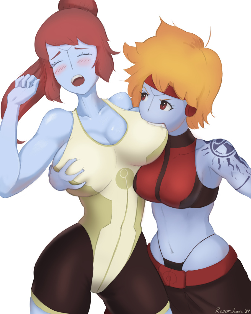 2girls alien alien_girl big_breasts blonde_hair blush boob_window breast_sucking breasts cleavage closed_eyes duo duo_focus female female_focus female_only fully_clothed g-string groping groping_breast groping_from_behind large_breasts long_hair looking_at_another looking_at_partner looking_away multiple_girls mynameisrobotjones no_nose pleasure_face red_hair short_hair size_difference sports_bra sportswear tattoo tau warhammer_(franchise) warhammer_40k white_background yuri