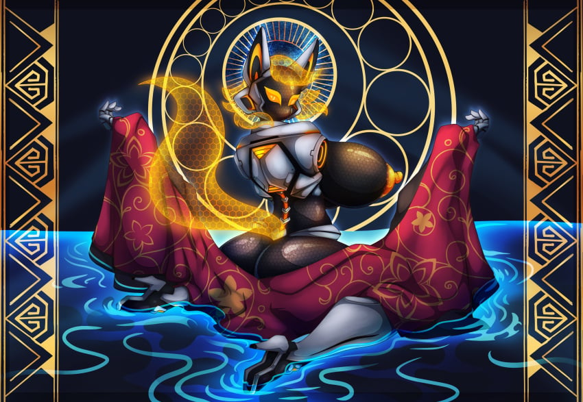 2019 android anthro areola armor artist-apptentice587 asian_clothing ass big_breasts bodily_fluids breasts canid canine clothing cybernetics digital_media_(artwork) dripping east_asian_clothing eyeless faceless female fox genital_fluids heart hi_res huge_breasts japanese_clothing kimono kitsumy_(artist-apprentice587) looking_back machine mammal nipples nude robot solo thick_thighs wet