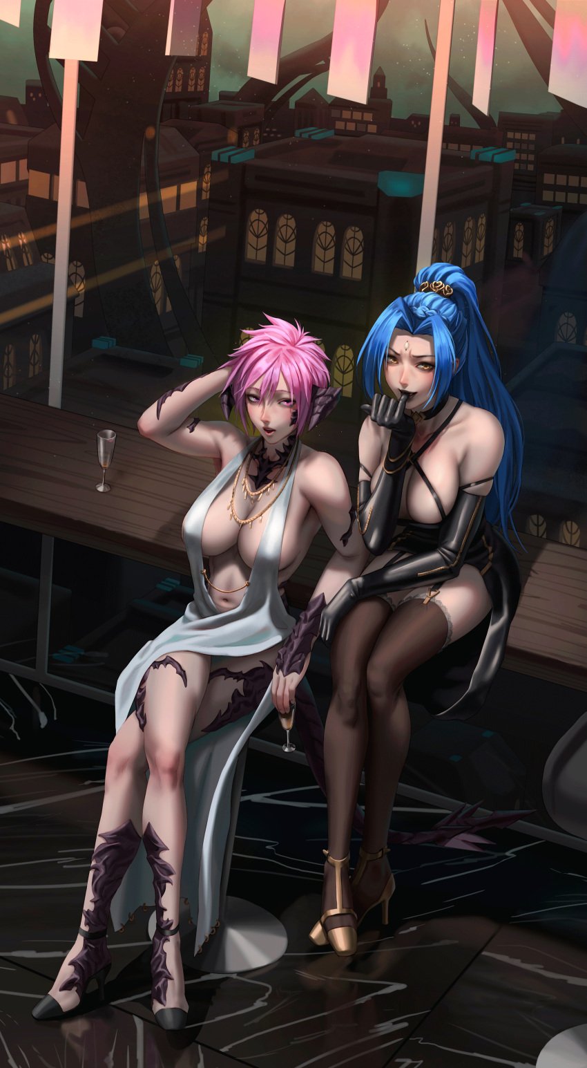 2girls artist_request au_ra big_breasts blue_hair cleavage decima dress final_fantasy final_fantasy_xiv garlean happy_female high_heels horn horns horny_female lesbians light_skin long_hair multiple_girls pink_hair short_hair sin_faye skimpy skimpy_clothes stockings tail xaela