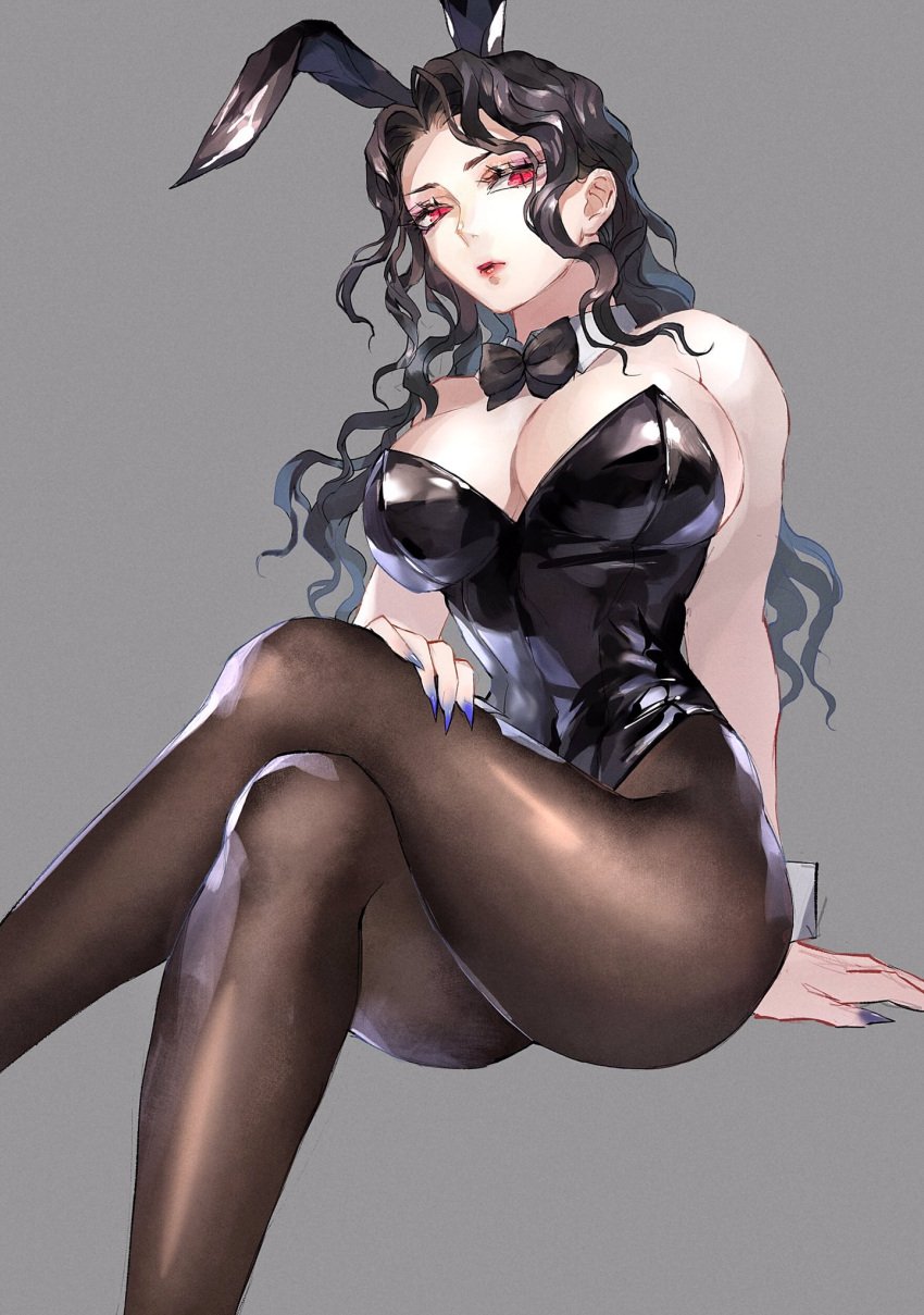 big_breasts black_hair blue_nails bowtie bunny_ears bunnysuit canon_genderswap cleavage crossed_legs curly_hair demon_slayer female female_only genderswap_(mtf) kimetsu_no_yaiba kuroisekka long_hair looking_at_viewer muzan_kibutsuji pale_skin pantyhose red_eyes rule_63 sharp_fingernails sitting slit_pupils solo