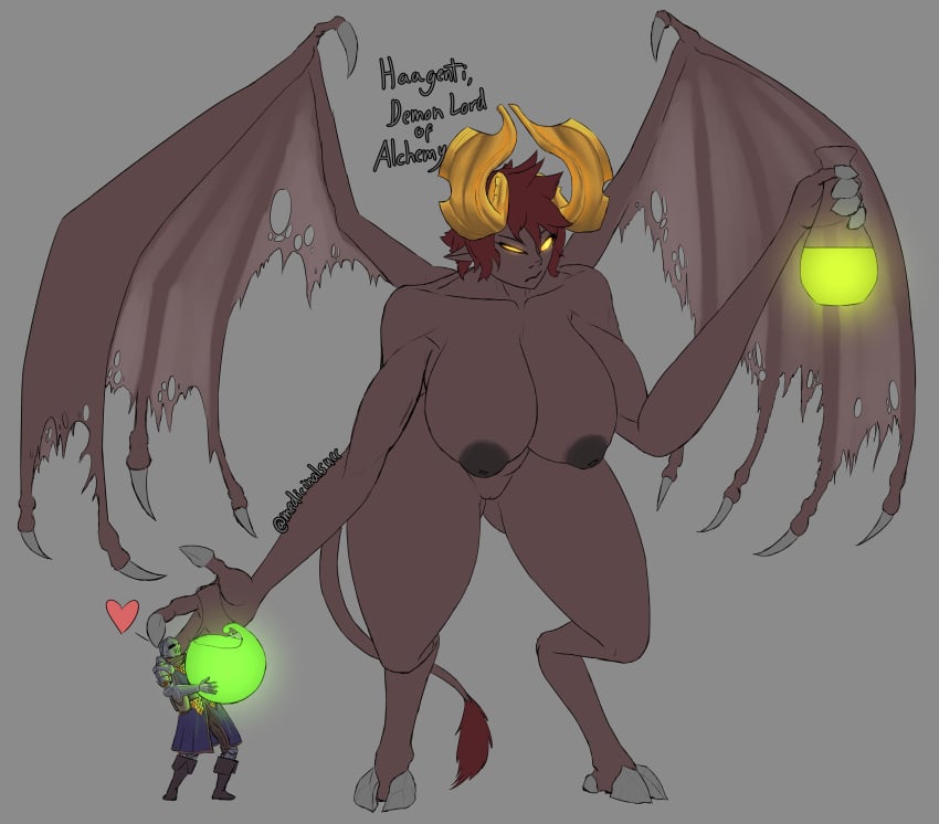 absurd_res armor ass big_breasts breasts claws demon duo female glowing glowing_eyes haagenti hair hi_res hooves horn huge_breasts male medicinal_succ notched_wings pathfinder potion scale_knight_(medicinalsucc) short_hair thick_thighs wide_hips wings