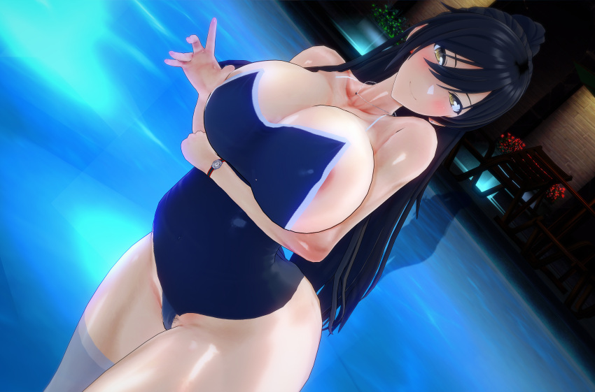 1girls black_hair cocoron curvaceous curves curvy curvy_figure high_resolution huge_breasts human idolmaster idolmaster_shiny_colors koikatsu large_breasts looking_at_viewer one-piece_swimsuit ponytail shirase_sakuya