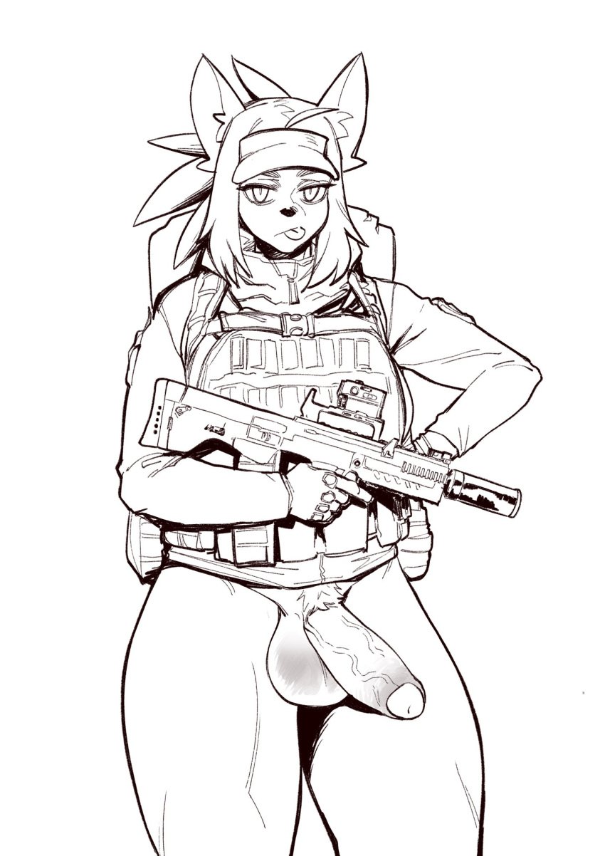 1futa 2021 anthro balls bangs blep bottomless bottomless_futanari bulletproof_vest canid canine canis clothed clothing digital_media_(artwork) domestic_dog erection foreskin furry futa_only futanari genitals gloves greyscale gun handwear hi_res humanoid_genitalia humanoid_penis intersex jina_choi looking_at_viewer mammal monochrome partially_clothed penis pubes ranged_weapon rifle rtr simple_background solo squatting standing tongue tongue_out uncut vein veiny_penis weapon white_background