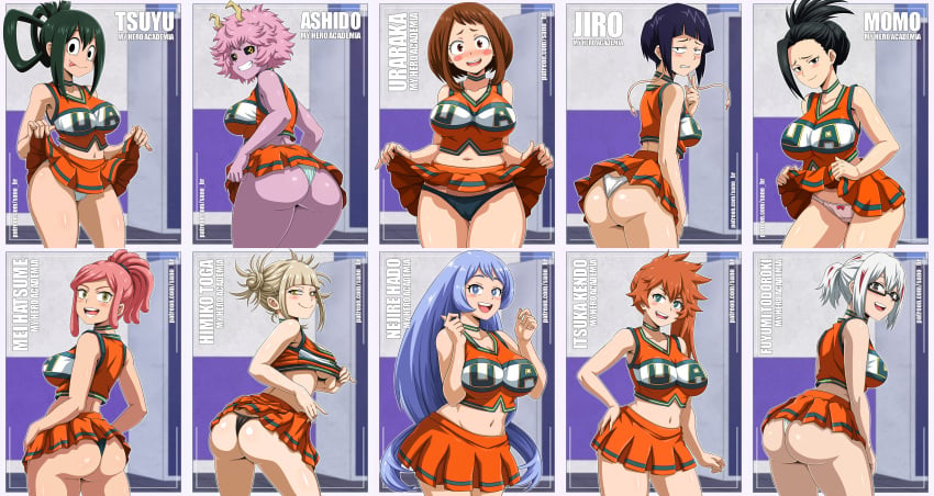 10girls 2021 alternate_hairstyle ashido_mina ass asui_tsuyu bangs bare_shoulders belly belly_button big_ass big_breasts big_butt blunt_bangs blush breasts bubble_butt cameltoe character_name cheerleader cheerleader_uniform choker clothed clothed_female copyright_name crop_top curvaceous curvy curvy_figure cute dat_ass eye_contact eyewear feet_out_of_frame female female_focus female_only fringe fully_clothed fuyumi_todoroki glasses grey_eyes hadou_nejire hair_between_eyes hand_on_hip hatsume_mei hi_res high_resolution highres himiko_toga hourglass_figure huge_breasts human indoors itsuka_kendou jirou_kyouka kendou_itsuka kyoka_jiro large_ass large_breasts large_filesize leaning_forward light-skinned_female light_skin long_hair looking_at_viewer looking_back medium_breasts mei_hatsume microskirt midriff mina_ashido miniskirt momo_yaoyorozu multicolored_hair multiple_girls my_hero_academia navel nejire_hado ochako_uraraka off_shoulder open-mouth_smile open_mouth open_smile orange_hair orange_skirt panties pantsu patreon_username pink_hair pink_skin pleated_skirt ponytail pose posing presenting presenting_ass presenting_hindquarters presenting_panties presenting_thighs red_hair reflective_body sano-br shiny shiny_hair shiny_skin shounen_jump sideboob sidelocks skindentation skirt skirt_lift sleeveless slim_waist smile standing streaked_hair teal_eyes text thick_ass thick_thighs thin_waist thong tied_hair todoroki_fuyumi toga_himiko tongue tongue_out tsuyu_asui two_tone_hair u.a._cheerleader_outfit underboob underwear uniform upper_teeth uraraka_ochako v-shaped_eyebrows voluptuous white_hair wide_hips yaoyorozu_momo