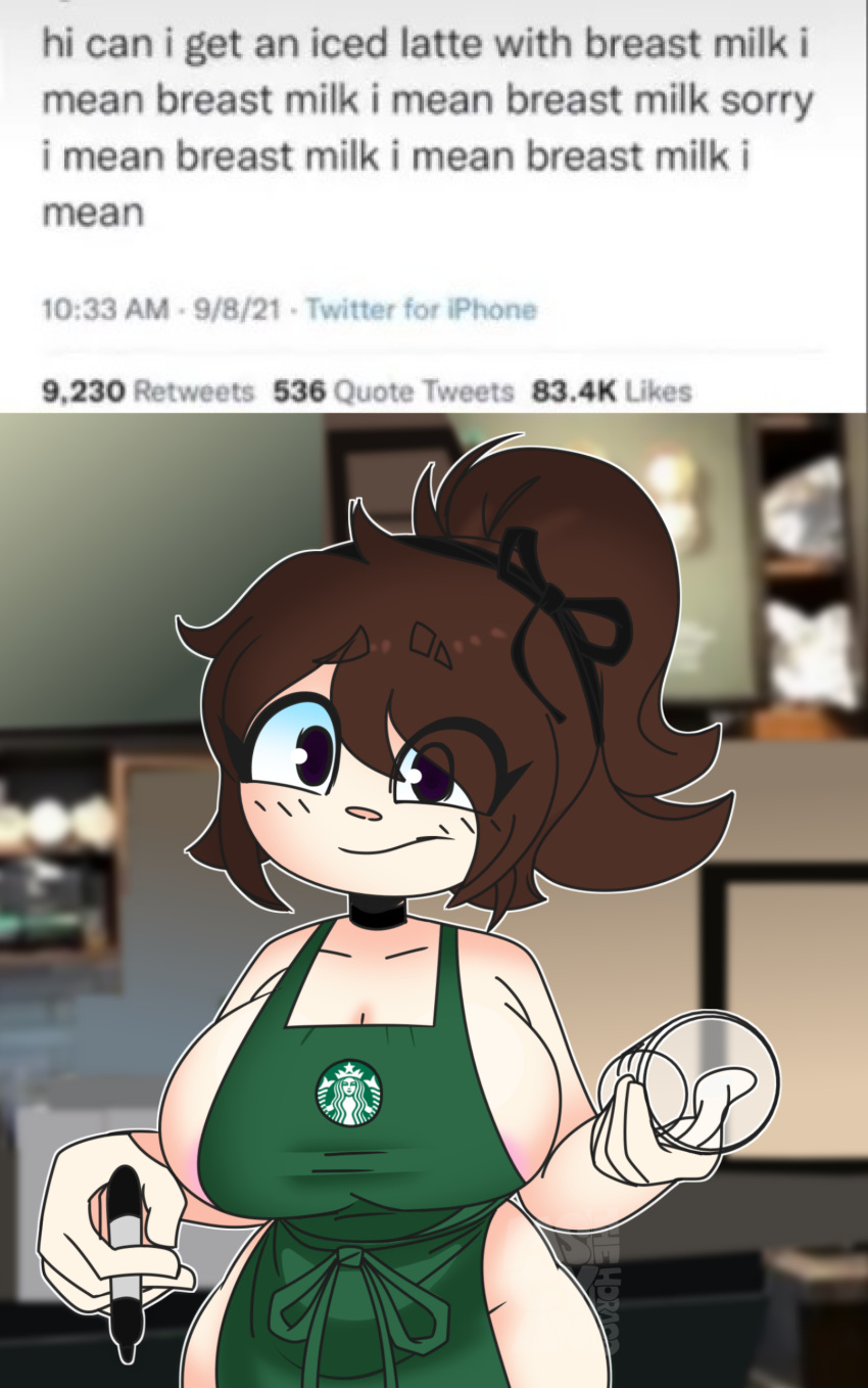 1girls brown_hair cyan_(thehoraco) female female_focus female_only horaco iced_latte_with_breast_milk looking_at_viewer meme naked_apron original_character purple_eyes starbucks tagme thehoraco white_skin