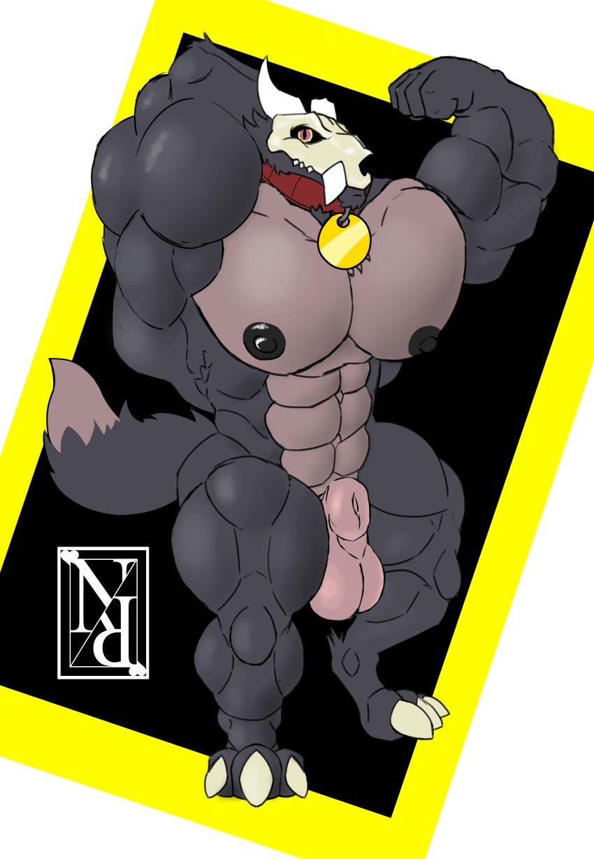 abs absurdres alpha_channel animal_genitalia anthro asymmetrical_horns big_muscles big_pecs big_testicles bone broken_horn bulge canid canid_demon canine claws collar demon disney flexing flexing_bicep flexing_muscles fully_sheathed fur fur_tuft furry genitals grey_body highres horn king_clawthorne male male_only mammal muscular muscular_anthro muscular_male nipples nude nyhil_rex pecs shadings sheath shirtless simple_background skull skull_face skull_head solo straight_hair testicles the_owl_house tuft