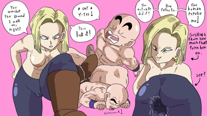 1boy 1girls android_18 blush breasts cameltoe dialogue dragon_ball dragon_ball_z femdom hanging_breasts humiliation jones_boi jonesbo50034805 krillin kuririn licking_ground malesub muscular_male size_difference stepping_on_penis topless tsundere wet wet_pussy