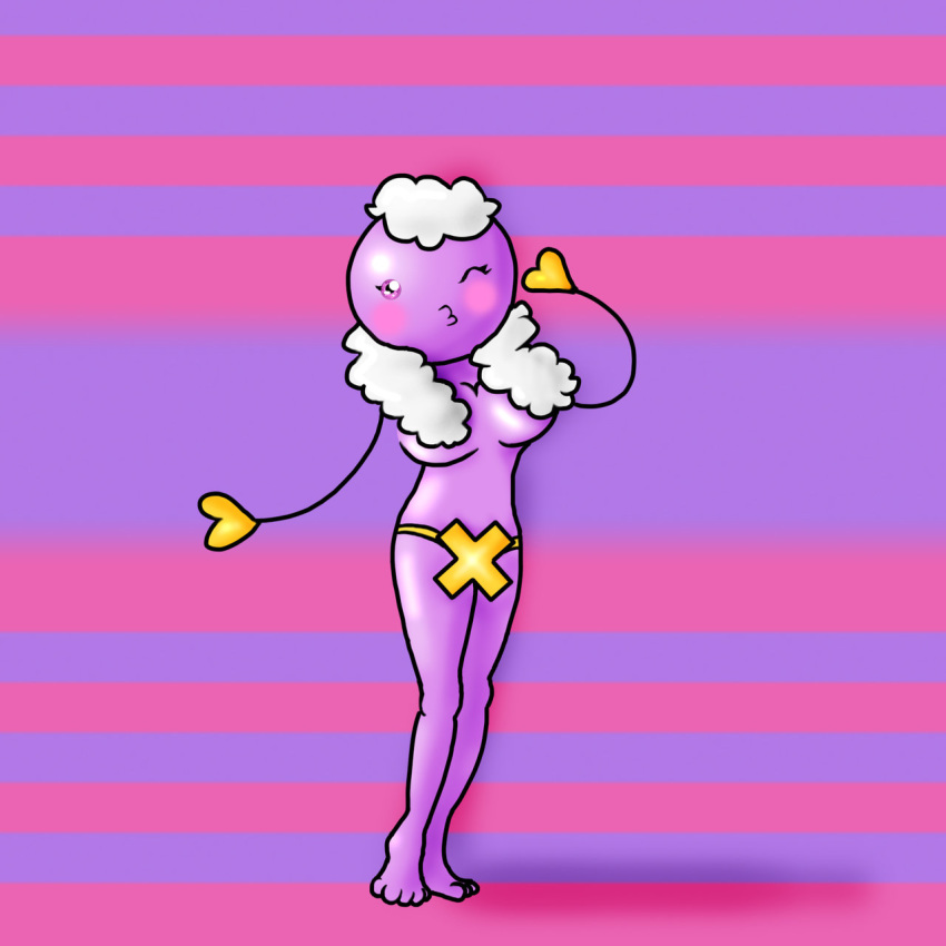 anthro barefoot blush breasts color drifloon female female_only front_view hair nintendo pokemon purple_eyes purple_skin solo standing tagme white_hair wink