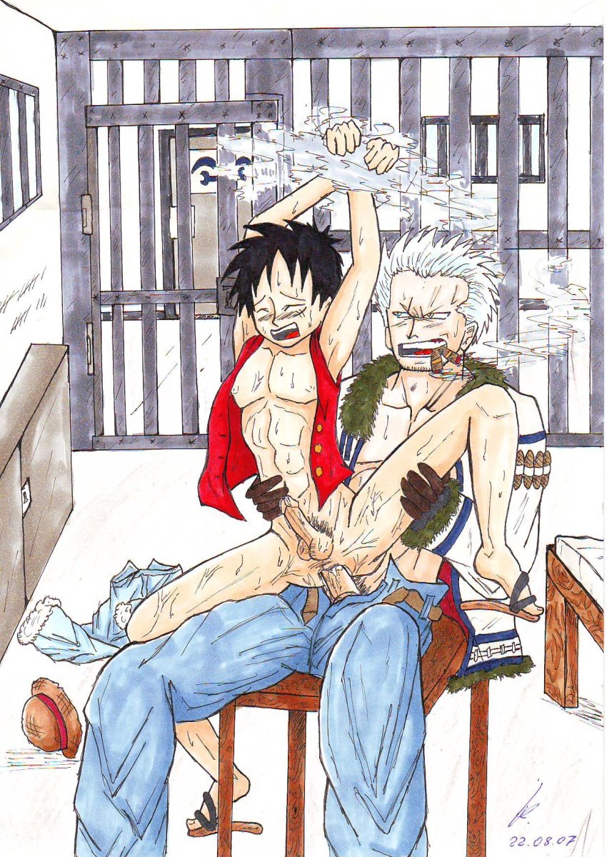 2boys akuma_no_mi anal bondage gay male male_only malesub moku_moku_no_mi monkey_d_luffy multiple_boys one_piece penis prison sex smoker_(one_piece) smoking straight_hair yaoi