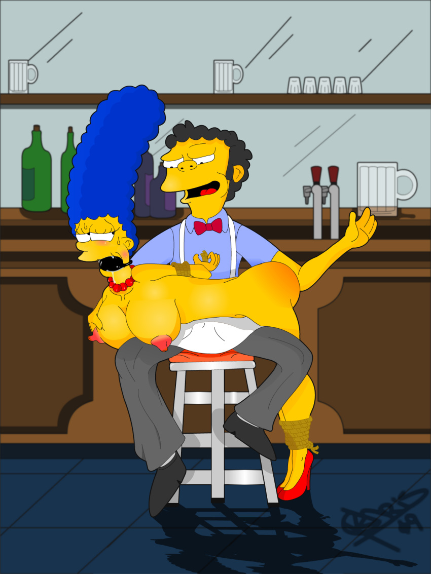 20th_century_studios accurate_art_style ass breasts color female human indoors male marge_simpson moe's_tavern moe_szyslak nipples nude sitting spanking stool tagme the_simpsons yellow_body yellow_skin