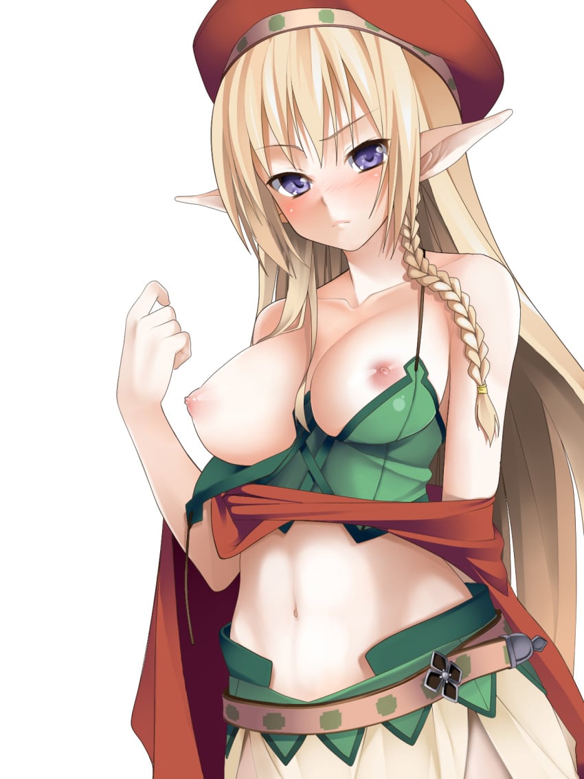 allean bare_shoulders beige_skin belt blush braid breasts clothes color elf face female female_only front_view hagane7728 hair hat highres long_hair looking_at_viewer navel nipples pointy_ears puffy_nipples purple_eyes queen's_blade solo