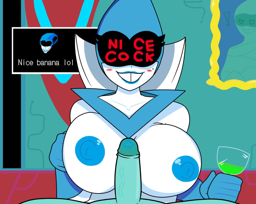 1boy 1boy1girl 1girls background big_breasts big_penis blue_lipstick blue_penis breasts buckteeth deltarune female gloves kiss_mark kris_(deltarune) lipstick lipstick_mark lipstick_on_penis male milf paizuri penis queen_(deltarune) robot straight text_bubble vincentbot white_skin