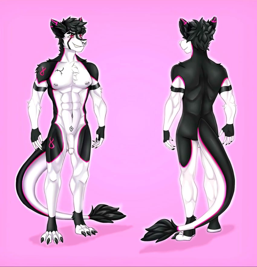 anthro claws facial_piercing gay genitals glowing glowing_markings grin hair hi_res male male_only markings model_sheet muscular muscular_male nipple_piercing nipples nude penis piercing ray_neon sergal smile solo yokokato