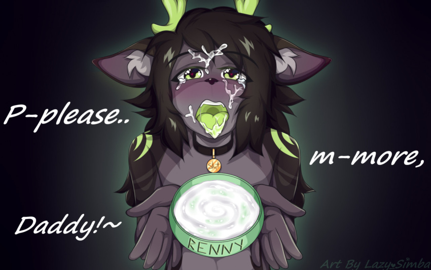 <3_eyes anthro antlers black_body black_fur black_hair blush bodily_fluids bowl cervid collar container cum cum_in_bowl cum_in_container cum_in_hair cum_on_face daddy_kink dialogue domestic_cat ears_back english_text felid feline felis fur genital_fluids girly glowing glowing_markings green_eyes green_tongue hair heart holding_bowl horn hybrid inner_ear_fluff lazy_simba looking_at_viewer male mammal markings open_mouth pet pet_bowl petplay pivoted_ears renny_(darkwheel1) roleplay slut_collar solo submissive submissive_male tag text tongue tuft