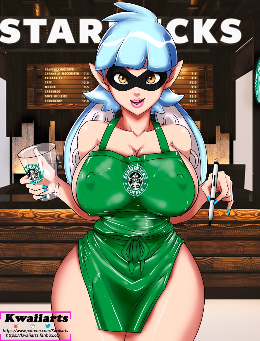 apron apron_only busty erect_nipples female female_focus female_only hourglass_figure iced_latte_with_breast_milk inkling kwaiiarts meme nintendo nipple_bulge sideboob splatoon squid_girl starbucks tagme waitress waitress_uniform wide_hips