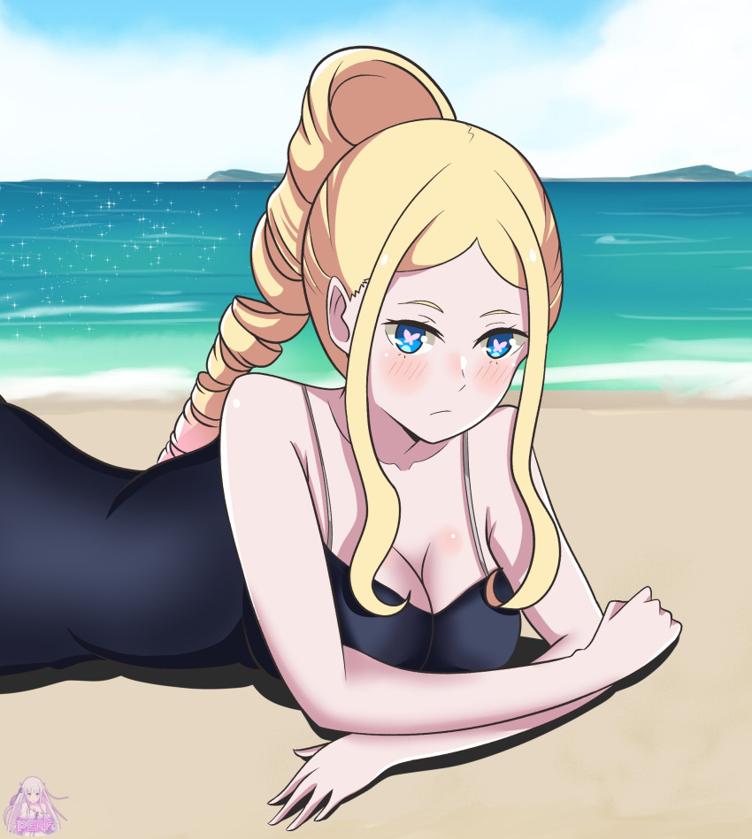 alternate_breast_size beach beatrice_(re:zero) blonde_hair blue_eyes blush breasts cleavage crossed_arms drill_hair female highres large_breasts long_hair looking_at_viewer older perfart re:zero_kara_hajimeru_isekai_seikatsu sidelocks swimsuit symbol-shaped_pupils water