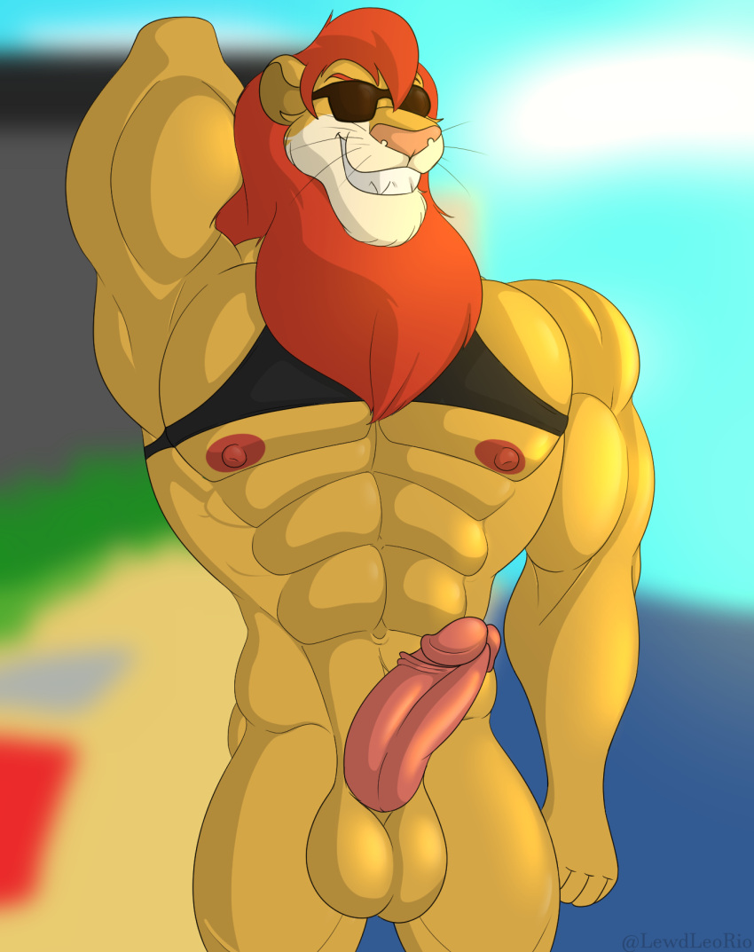 1boy abs anthro balls beach biceps big_muscles clothed clothing d.a.r.e. daren erection eyewear facial_hair felid genitals grin hi_res huge_muscles klr-rio lion male male_focus male_only mammal muscular muscular_anthro muscular_male nipples pantherine pecs penis seaside shirt smile solo sunglasses topwear