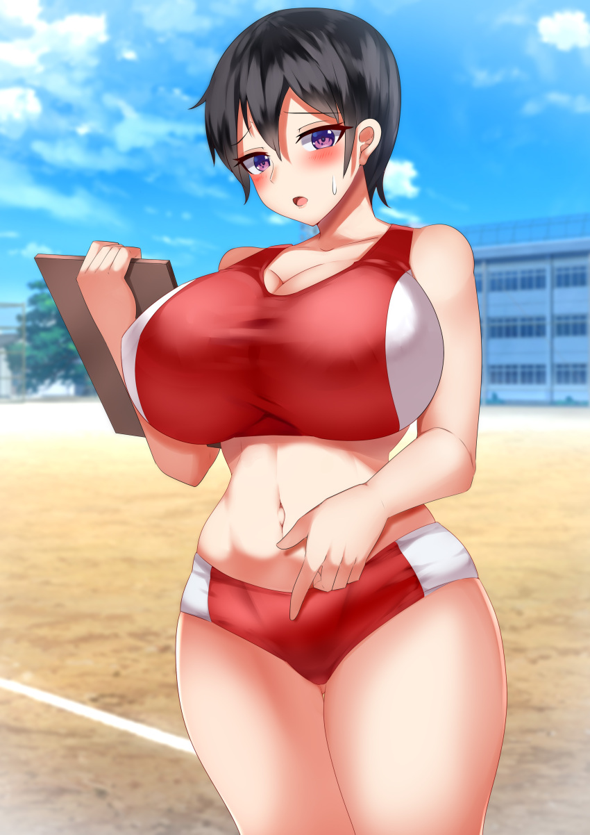 1girls bare_midriff bare_thighs black_hair blush breasts cleavage covered_nipples curvy gym_uniform holding_object huge_breasts looking_at_viewer midriff nipple_bulge open_mouth original outdoors pointing purple_eyes school schoolgirl short_hair shorts solo sweatdrop tank_top tea_texiamato thighs track_and_field very_short_hair voluptuous