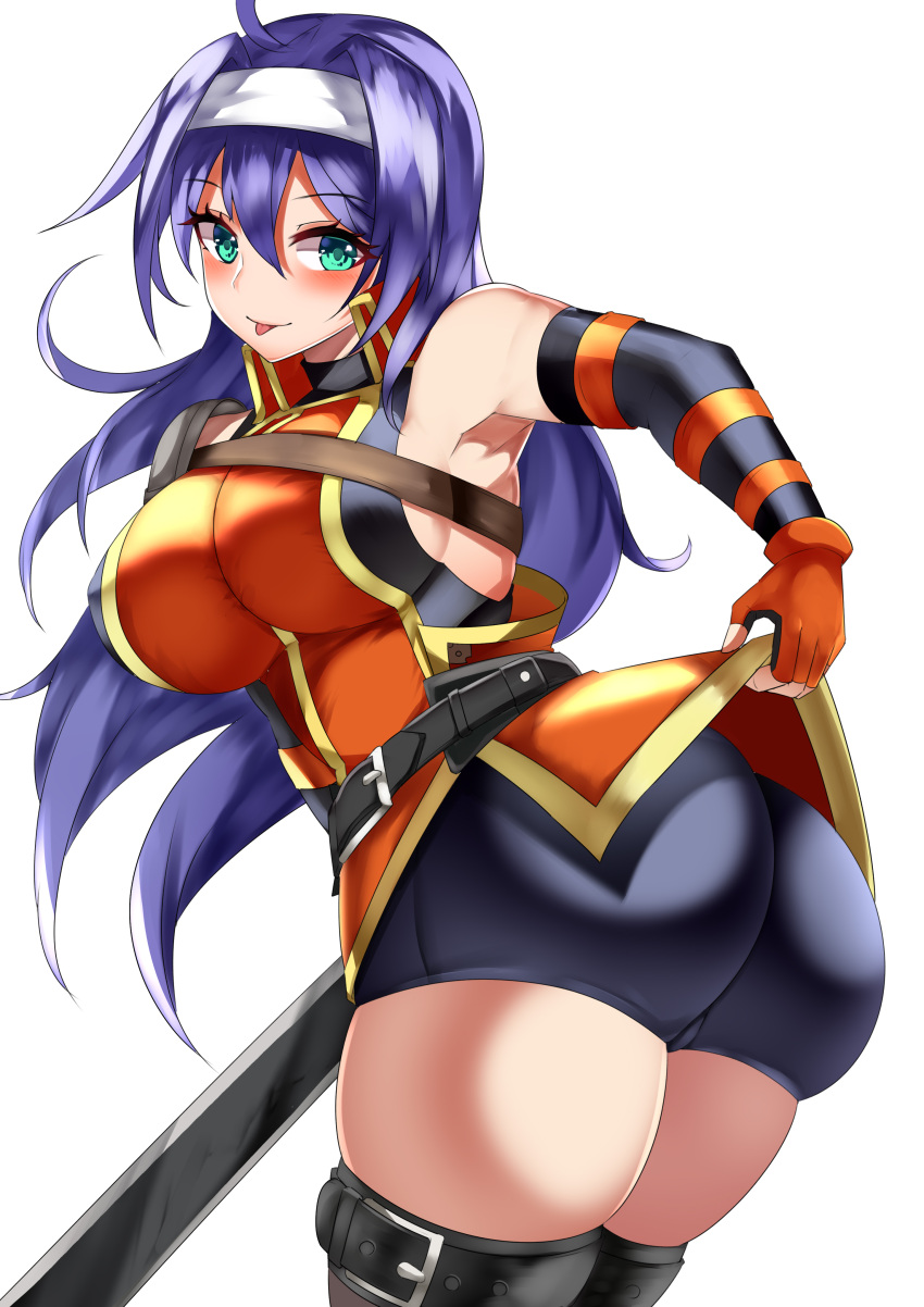 1girls :p ahoge armpits ass bare_thighs blush clothes_lift fingerless_gloves fire_emblem fire_emblem:_path_of_radiance fire_emblem:_radiant_dawn gloves green_eyes hairband large_ass large_breasts lifted_by_self long_hair looking_at_viewer mia_(fire_emblem) nintendo pelvic_curtain presenting presenting_hindquarters purple_hair shorts sideboob skindentation solo sticking_out_tongue sword tea_texiamato teasing thick_thighs thighs tongue tongue_out upskirt weapon white_background