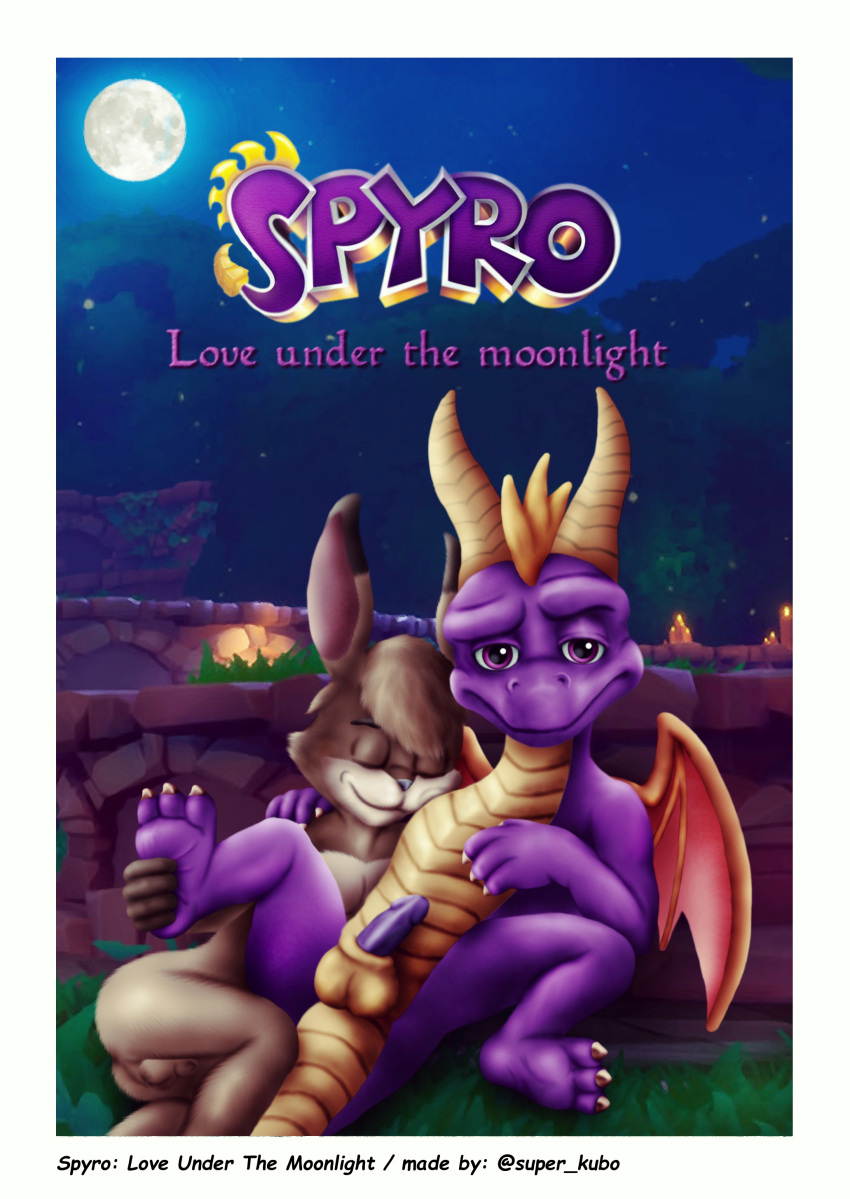 absurd_res activision anthro ass balls bodily_fluids comic cover cover_art cover_page cuddling dragon duo english_text erection feral fur genitals hi_res lagomorph leporid long_ears male male/male mammal nude penis rabbit scalie smile spyro spyro_the_dragon super_kubo text video_games western_dragon wings