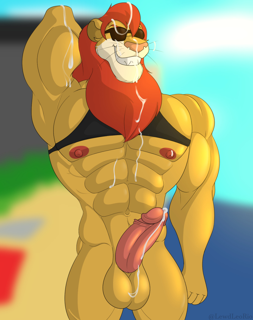 1boy abs anthro balls beach biceps big_muscles bodily_fluids clothed clothing cum cum_in_hair cum_in_mouth cum_inside cum_on_face cum_on_penis cum_on_self d.a.r.e. daren erection eyewear facial_hair felid genital_fluids genitals grin hair hi_res huge_muscles humanoid_genitalia humanoid_penis klr-rio lion male male_focus male_only mammal muscular muscular_anthro muscular_male nipples pantherine pecs penis seaside shirt smile solo sunglasses topwear