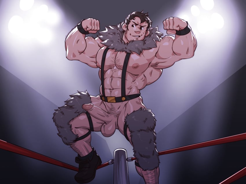 1boy balls bara beowulf_(skullgirls) boner chesschirebacon chest_hair clothed erect_penis erection facial_hair flexing flexing_bicep male male_only pantless penis proud_of_his_cock pubic_hair skullgirls solo solo_male wrestler wrestling_ring