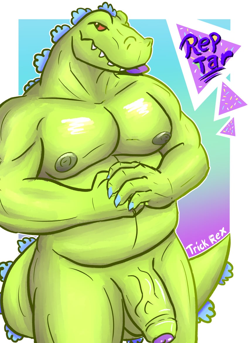 absurd_res anthro belly biceps blue_claws blue_tongue claws dinosaur erect_nipples fist foreskin genitals green_body green_nipples green_penis green_skin hi_res humanoid humanoid_genitalia humanoid_penis kaiju male musclegut muscular muscular_male nickelodeon nipples orange_eyes pecs penis purple_penis reptar reptile rugrats scalie simple_background solo tail_motion teeth teeth_showing text theropod tongue tongue_out trick_rex_(artist) tyrannosaurid tyrannosaurus tyrannosaurus_rex vein veiny_penis