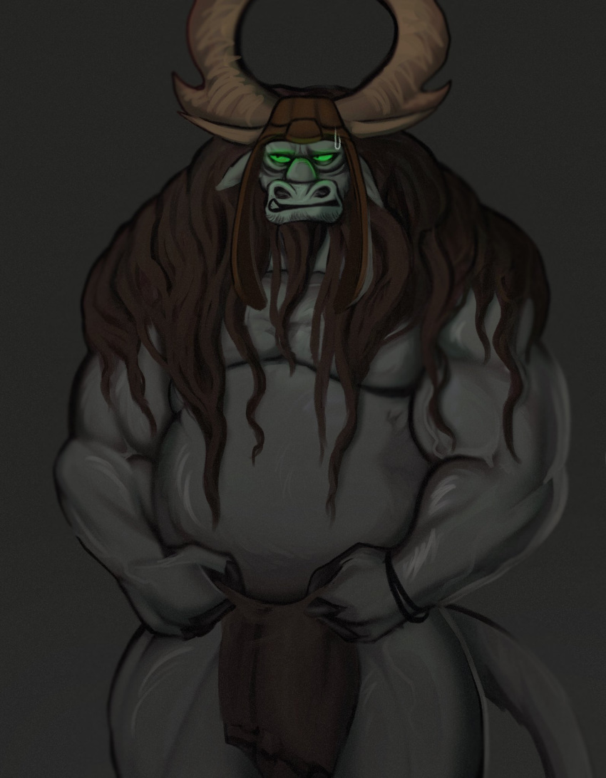 2021 20th_century_fox anthro bodily_fluids bottomwear bovid bovine bracelet brown_hair bulge cattle clothed clothing digital_media_(artwork) dreamworks embarrassed erection genitals grey_body hair hat headgear headwear hi_res horn jewelry kai_the_collector kung_fu_panda kung_fu_panda_3 loincloth long_hair looking_away male mammal muscular nanadagger overweight partially_clothed pecs penis shaded solo standing sweat sweatdrop thick_penis thick_thighs topless veiny_muscles