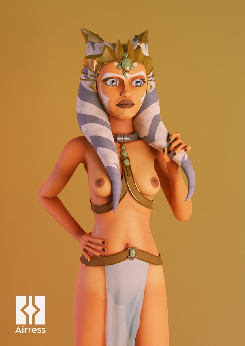 1girls 2021 3d ahsoka_tano airress3d airress3d_(3d-modeller) alien alien_girl areolae artist_logo artist_name big_lips black_nails blue_eyes breasts clone_wars collar eyelashes facial_markings female female_only front_view hand_on_hip headgear humanoid jewelry lekku_pull lips loincloth lucasfilm nail_polish navel nipples pussy simple_background skinny slave slave_ahsoka slave_bikini slave_outfit small_breasts solo standing star_wars tentacle_hair the_clone_wars:_season_four togruta topless topless_female transparent_clothing zygerria